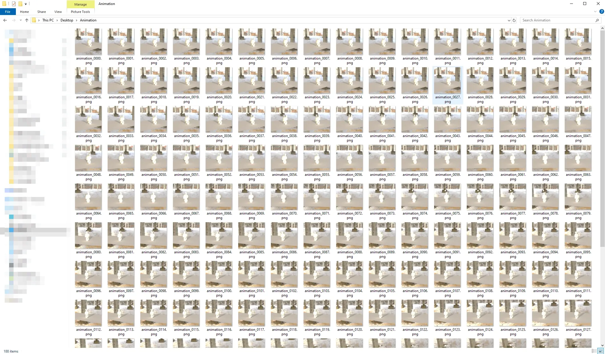 Windows Explorer showing folder with rendered animation frames named animation_0000.png through animation_0127.png
