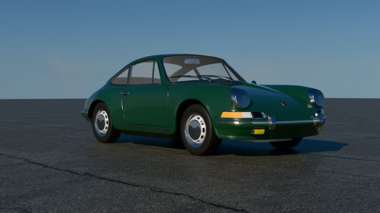 A green 1964 Porsche 911 on an asphalt lot under a blue sky with a low sun