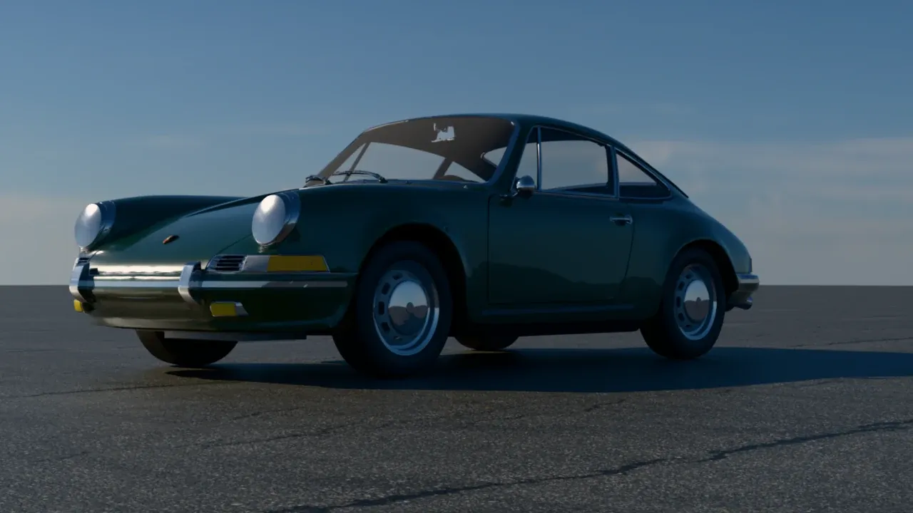 The 1964 911 from a low camera at the front, its chrome headlights catching the sky