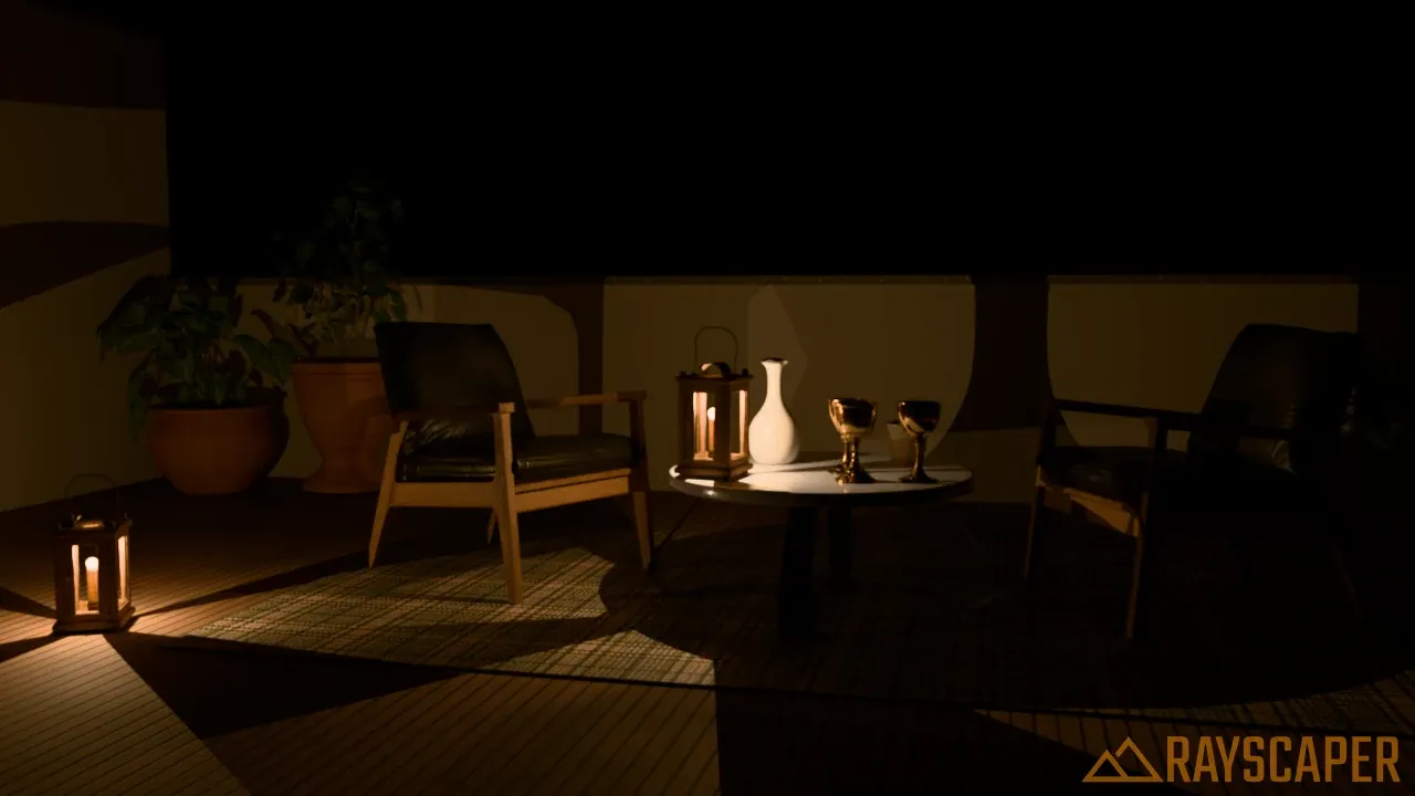 The terrace at night, lit only by two lanterns