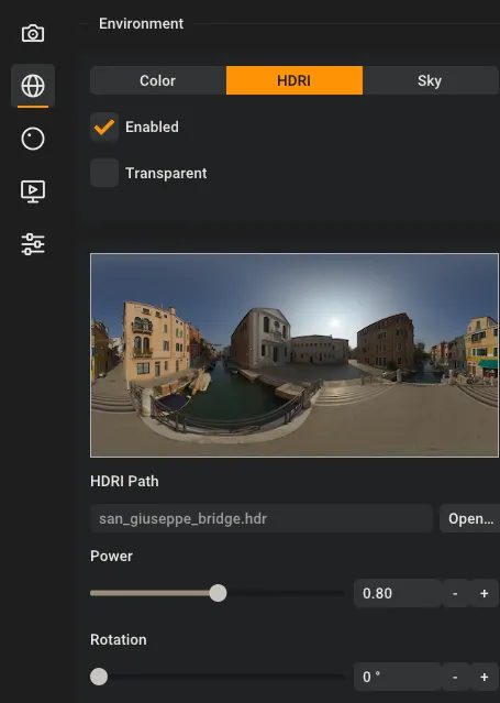The Environment section of the Scene Editor with an HDRI selected