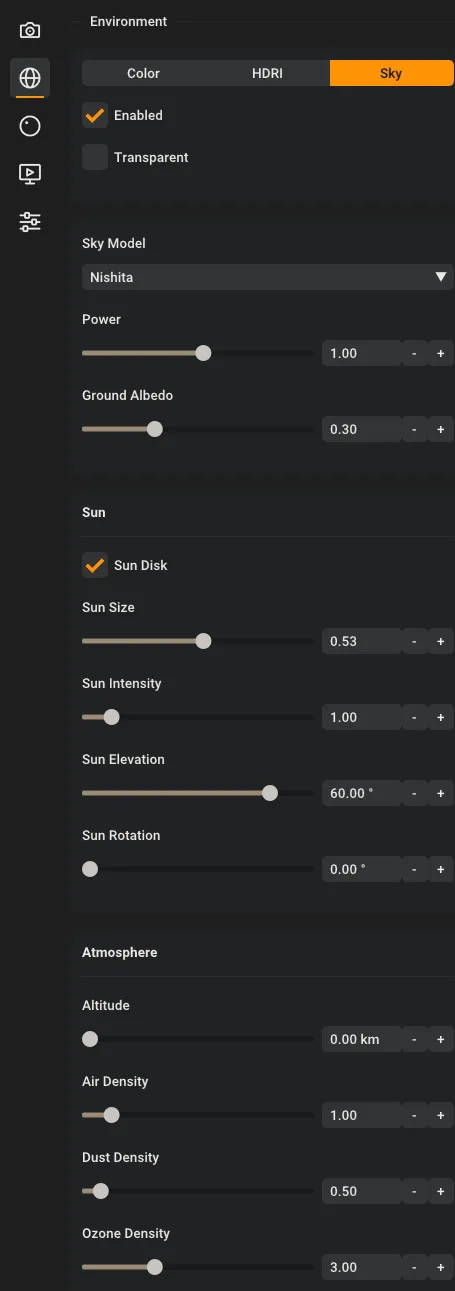 The Nishita sky settings