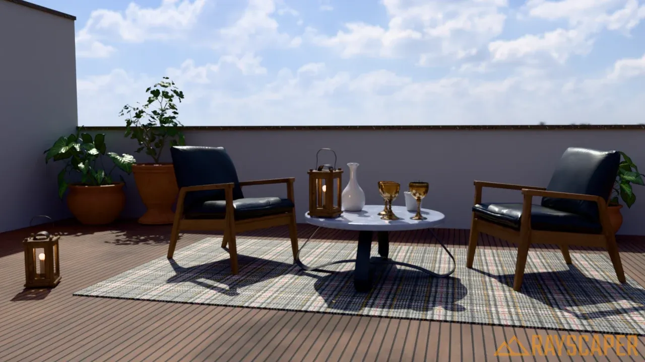 The terrace backlit by the sun from the back left