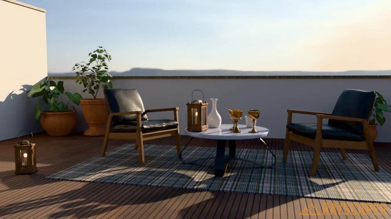 The terrace lit by a low, warm afternoon sun