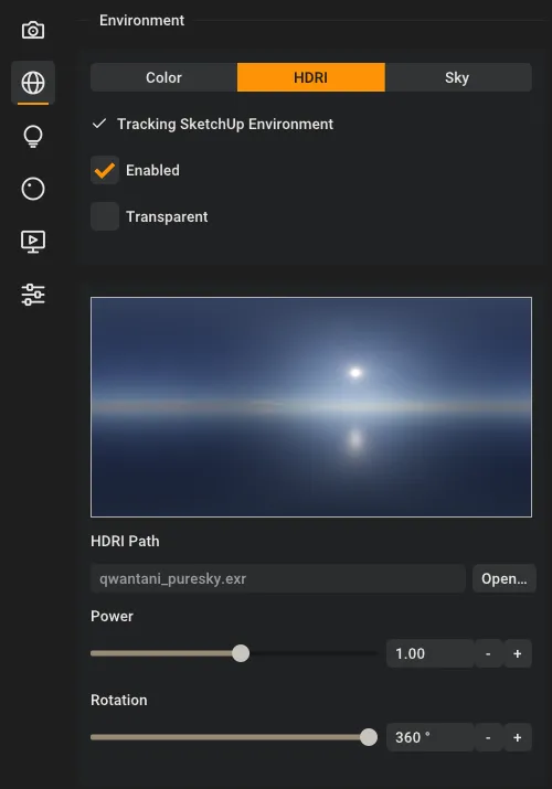 Rayscaper's Environment section showing Tracking SketchUp Environment