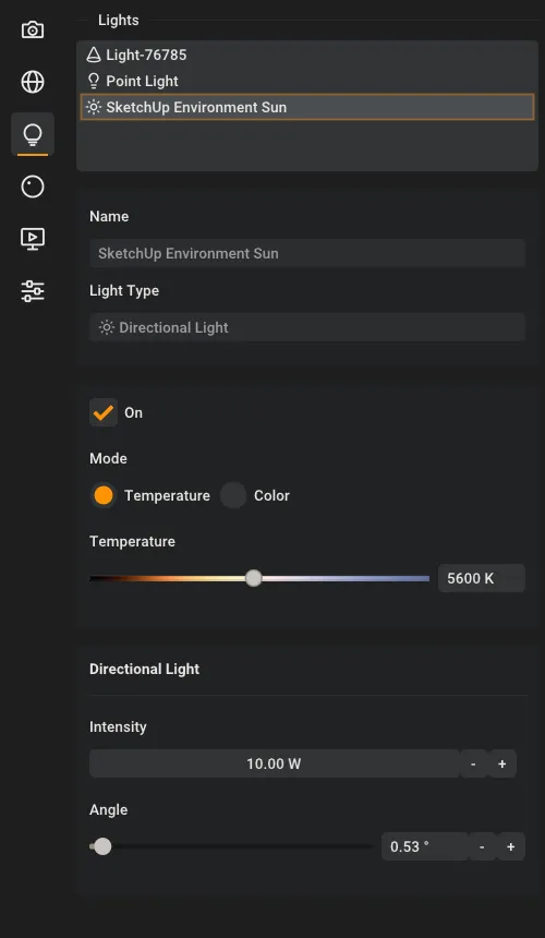 The SketchUp Environment Sun directional light in Rayscaper's Lights section