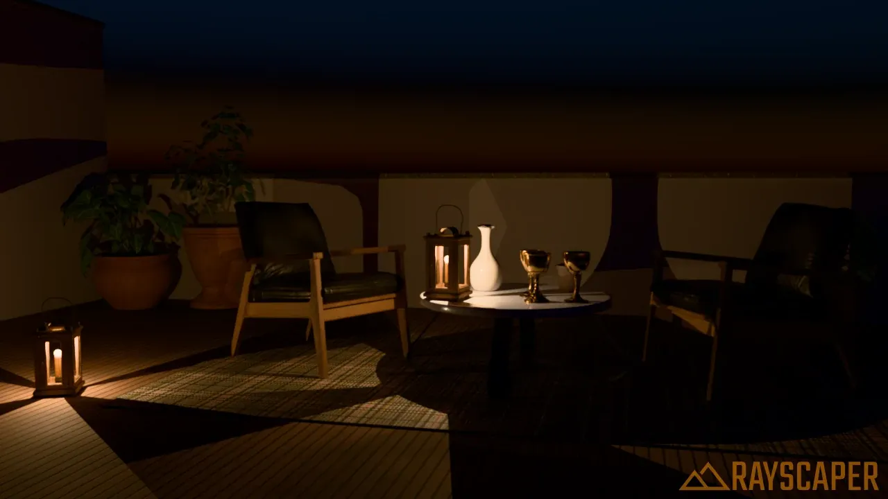 The terrace at dusk with the lanterns lit