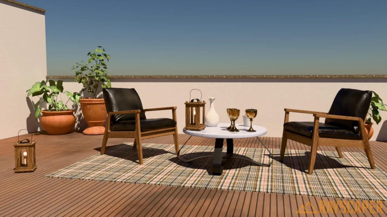 The terrace under a Nishita sky with the sun high at 60 degrees
