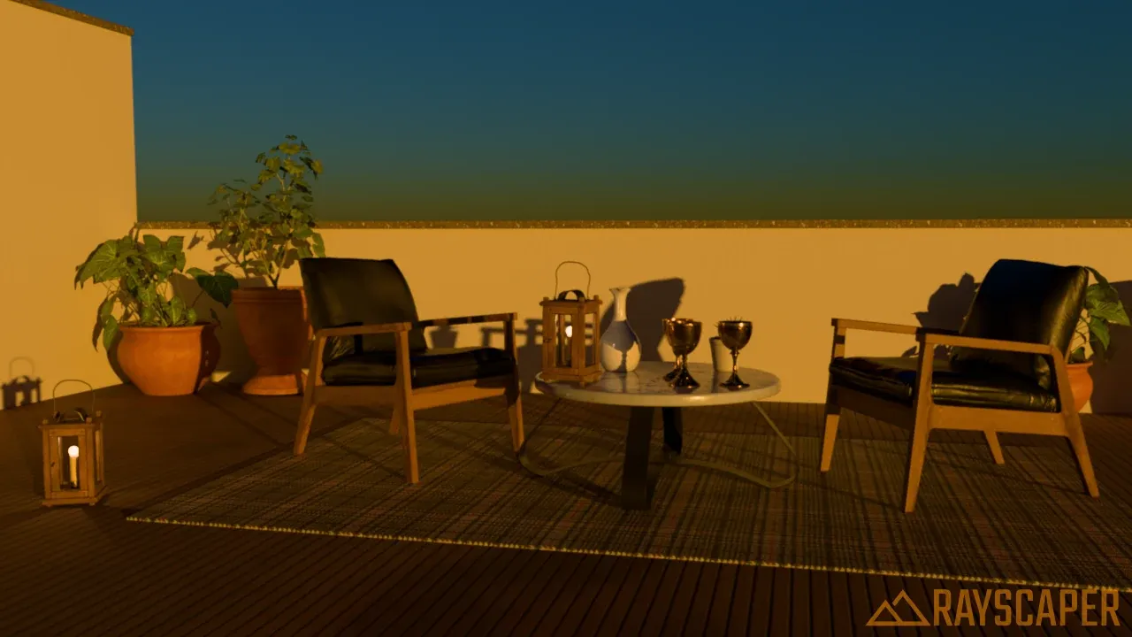 The terrace under a Nishita sky with the sun just above the horizon