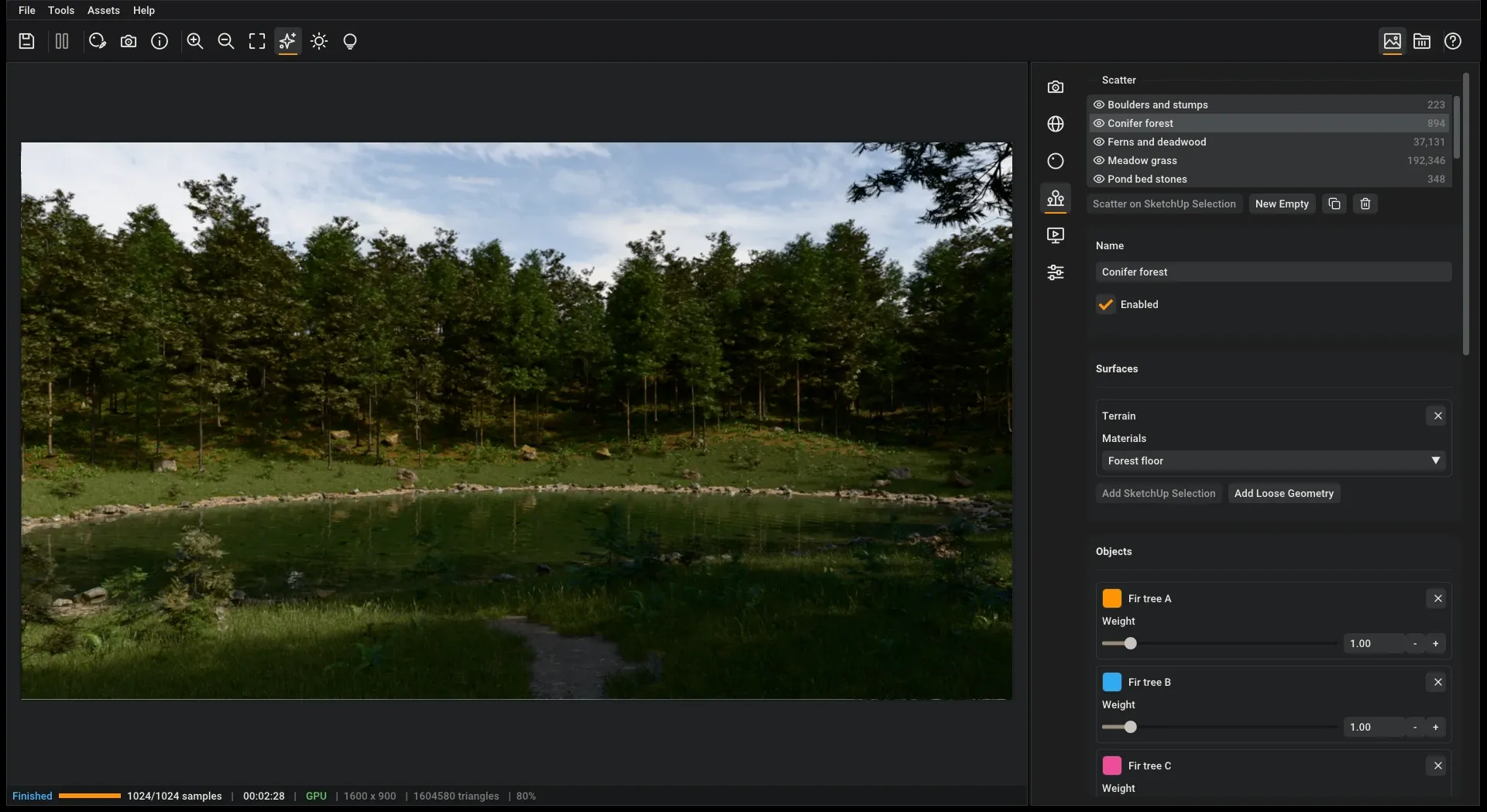 The render window with the Scatter section of the Scene Editor, showing the scatters of the forest pond and the trees of the Conifer forest scatter