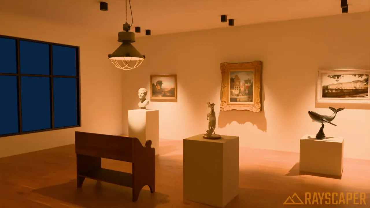 A small art gallery at night, lit by spotlights