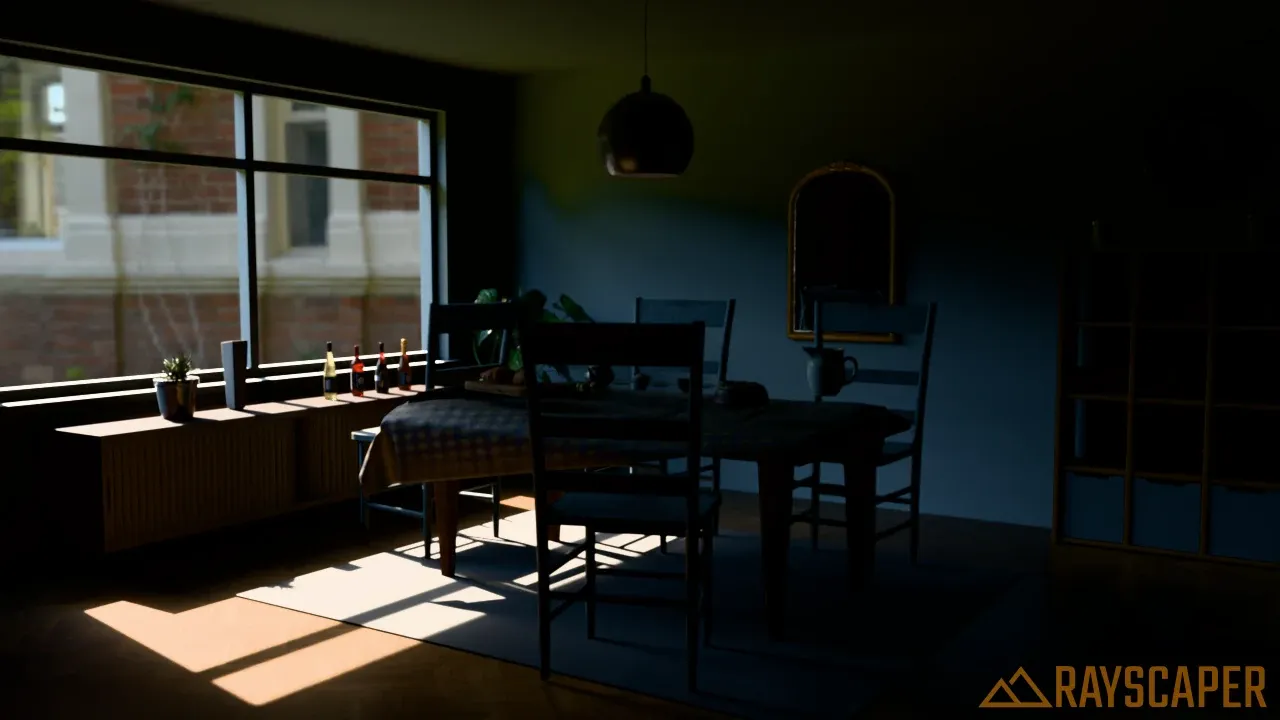 The breakfast room with only direct light, almost black apart from the sunlit floor