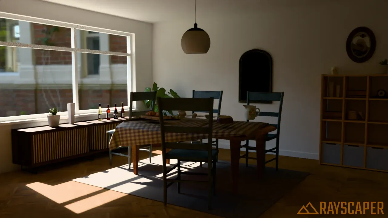 The breakfast room without glossy bounces, the mirror is black