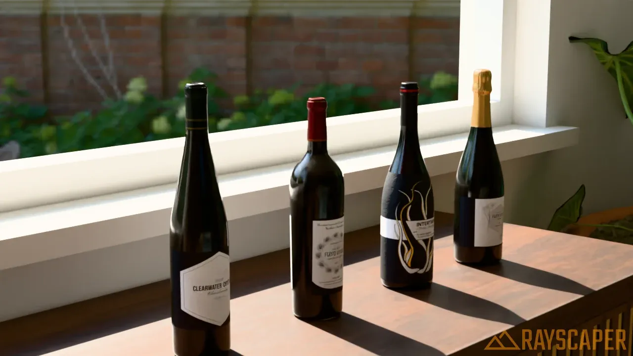 Wine bottles in front of a window, rendered black