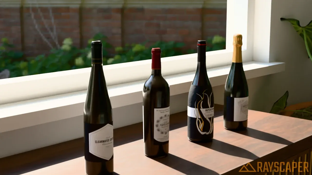 Wine bottles in front of a window, still dark