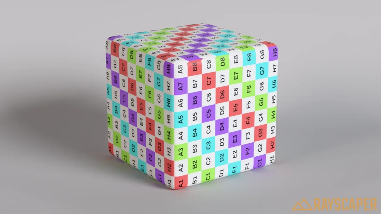 A cube with a numbered grid texture, one grid per face