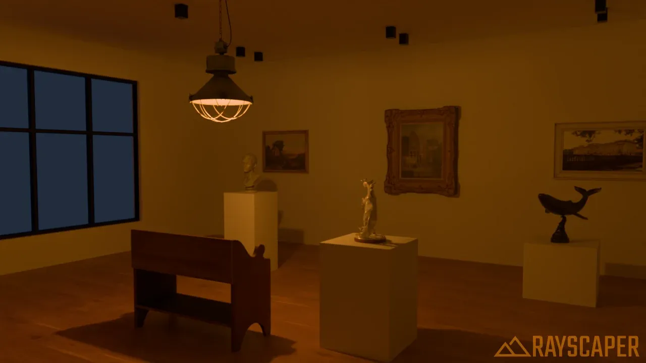 The gallery lit by the pendant's point light only