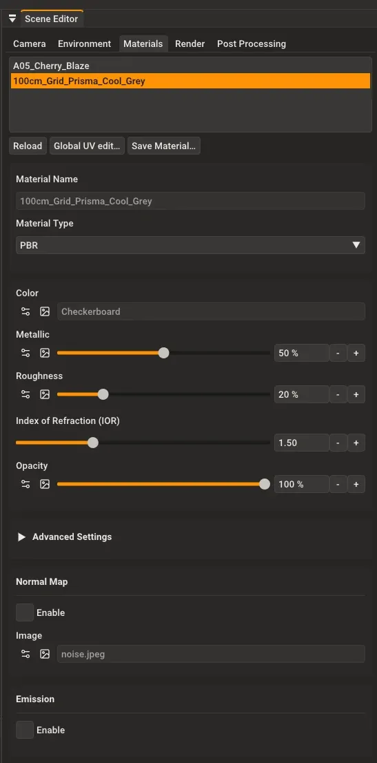 Rayscaper materials panel showing the materials list and editor