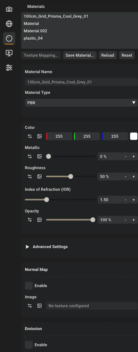 Rayscaper materials panel showing the materials list and editor