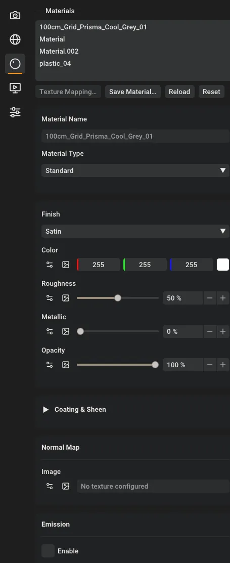 Rayscaper materials panel showing the materials list and editor