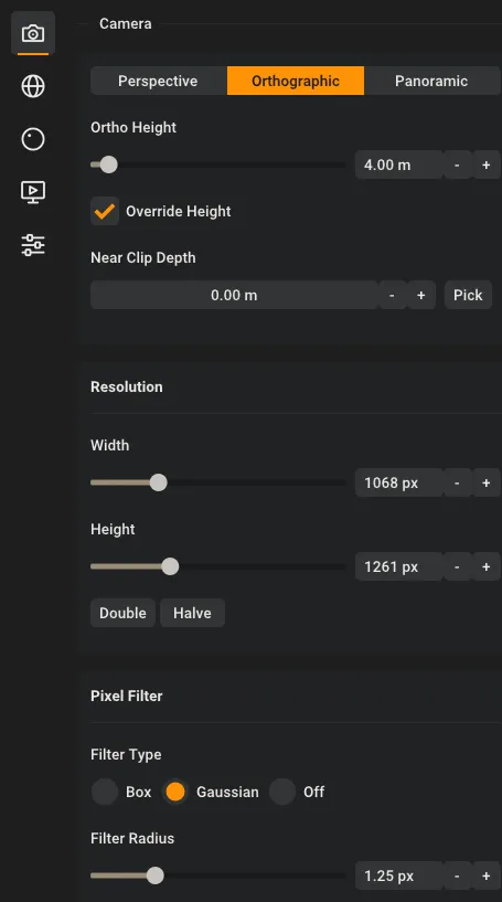 Orthographic camera settings