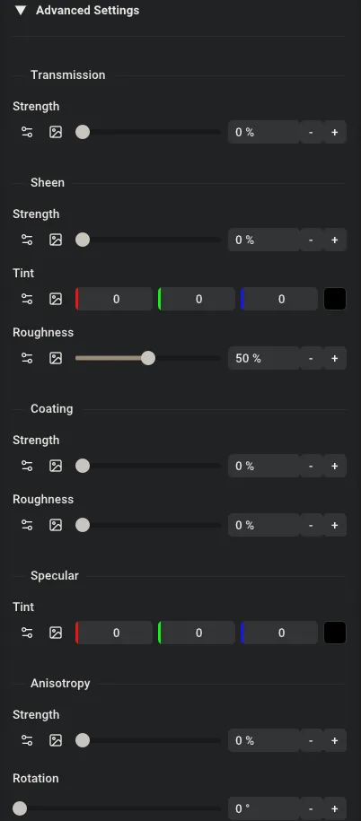 PBR material advanced settings panel