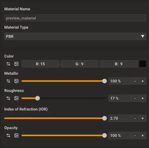 PBR material main settings panel