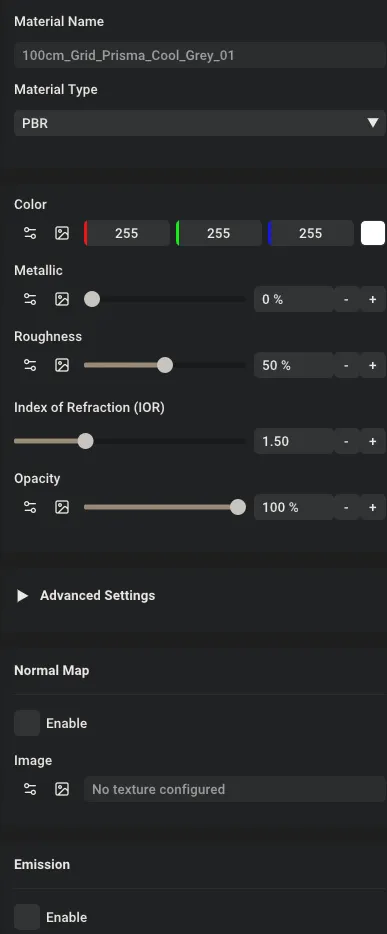 PBR material main settings panel