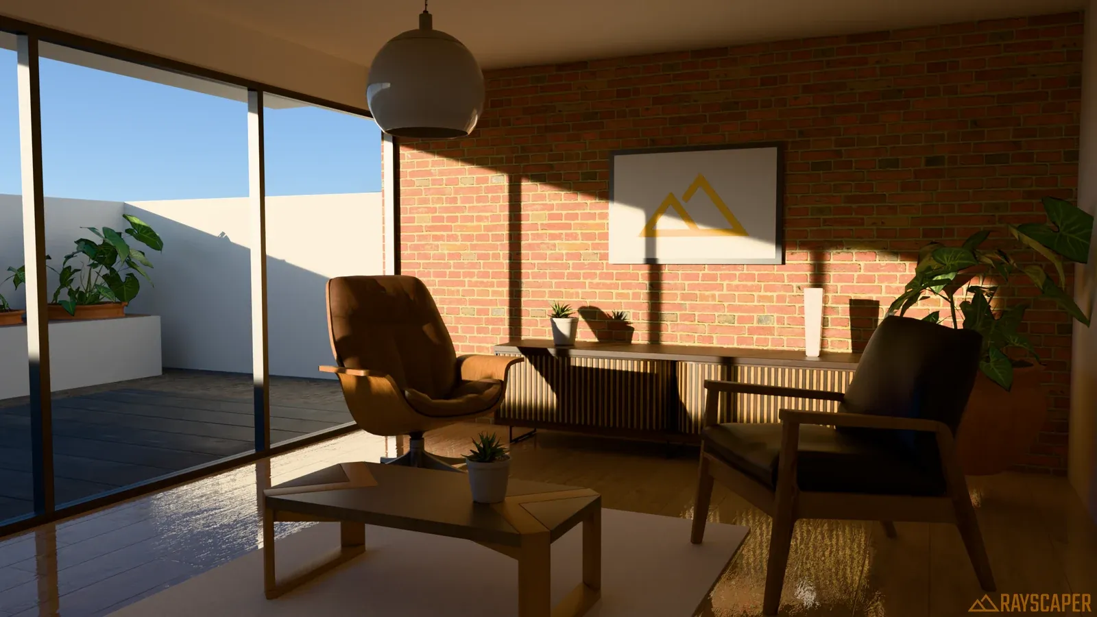 The quick start scene rendered with Rayscaper: a living room with a brick wall in low sunlight.