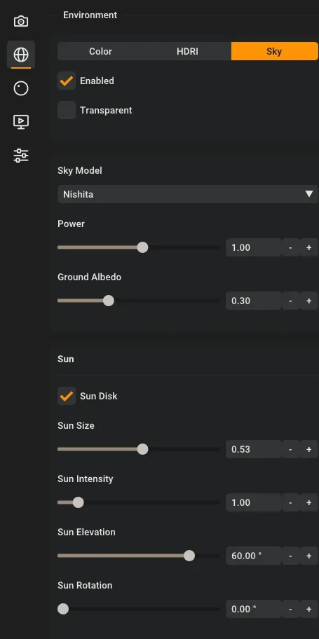 Rayscaper's Environment section with the Nishita sky