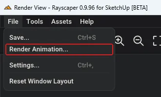 Rayscaper File menu showing Render Animation option