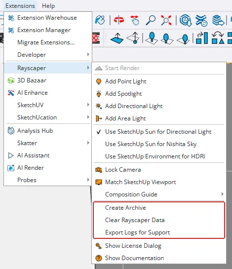 The Extensions > Rayscaper menu in SketchUp