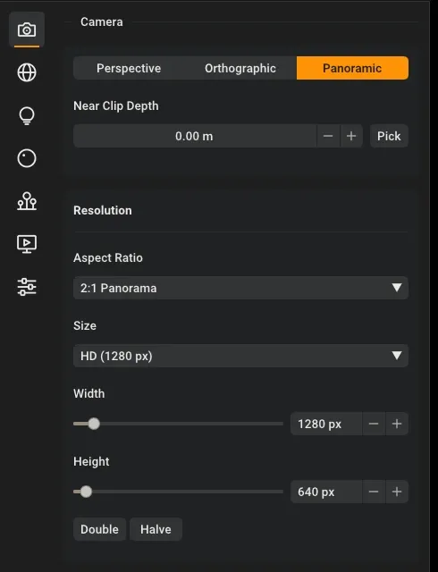 The Camera section of the Rayscaper Scene Editor with the Panoramic projection and the 2:1 Panorama aspect ratio