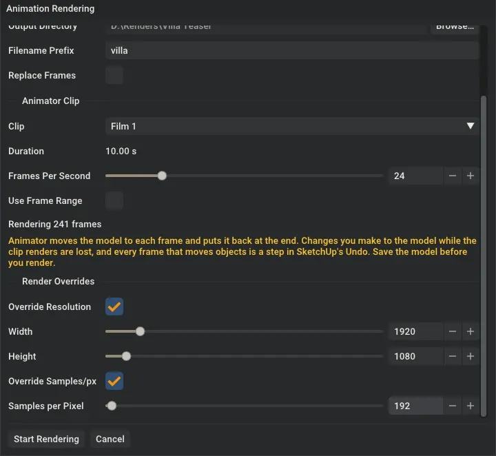 Rayscaper's Animation Rendering dialog with the Animator Clip Film 1 of 10 seconds at 24 frames per second, 241 frames, rendered at 1920 by 1080 with 192 samples per pixel