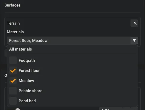 The terrain as the surface of the Boulders and stumps scatter, with the Materials list open: Forest floor and Meadow are checked, the other materials painted on the terrain are not
