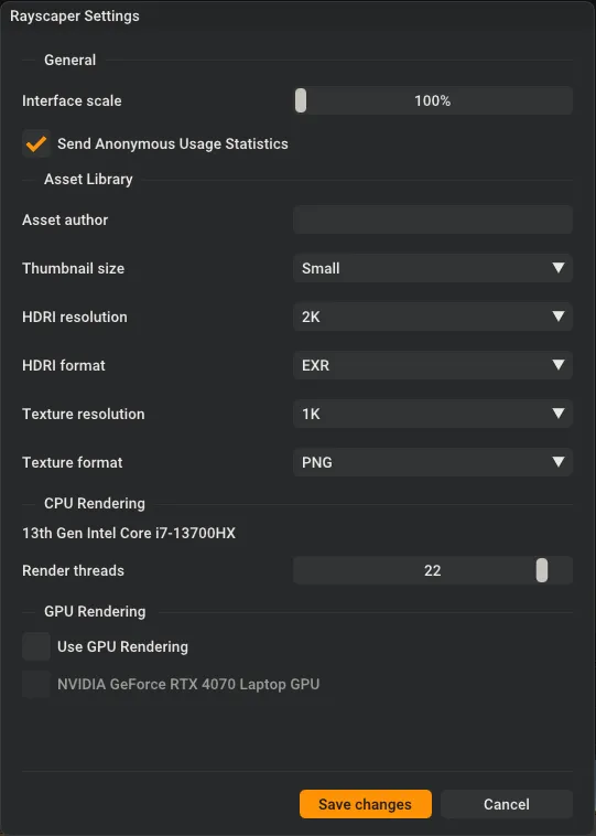The Rayscaper Settings dialog