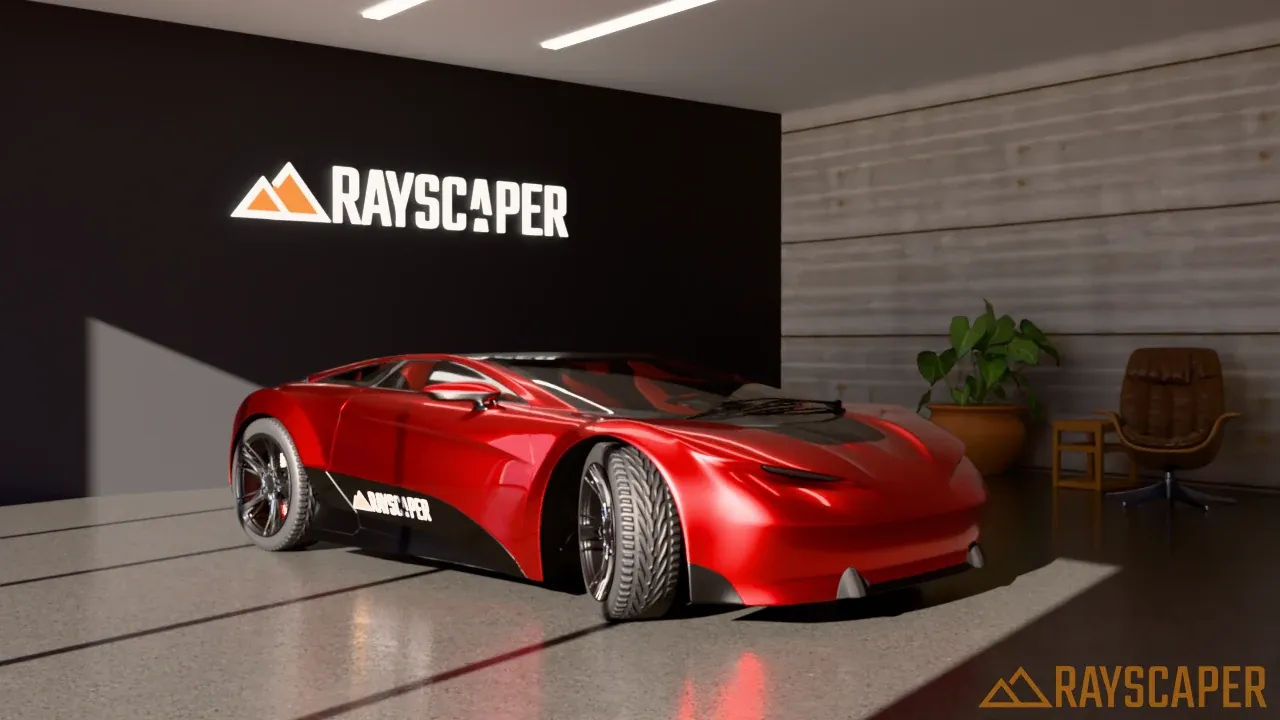 A red concept car in a showroom with a glowing sign, lit by sunlight through the windows