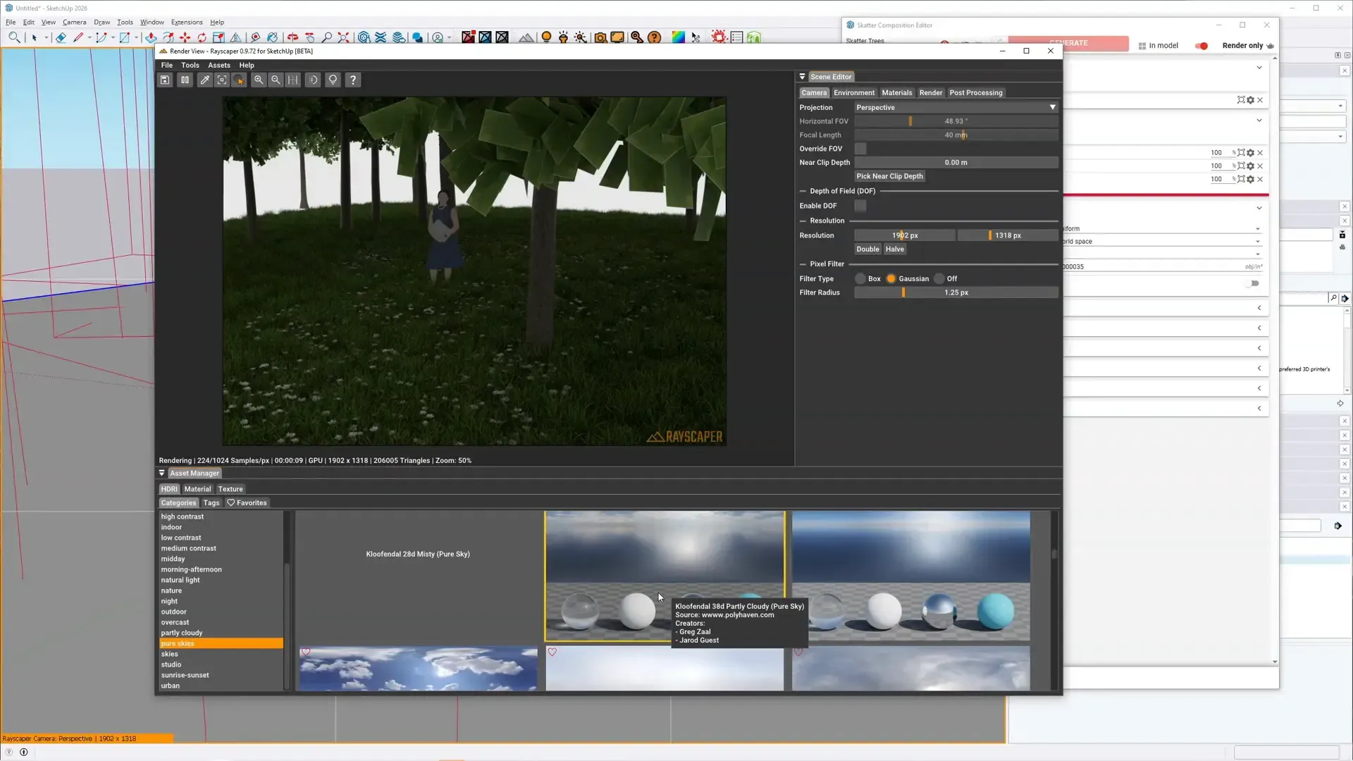Final Rayscaper render with grass, flowers, and trees from Skatter