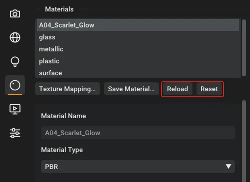 Rayscaper material editor showing the Reload and Reset buttons