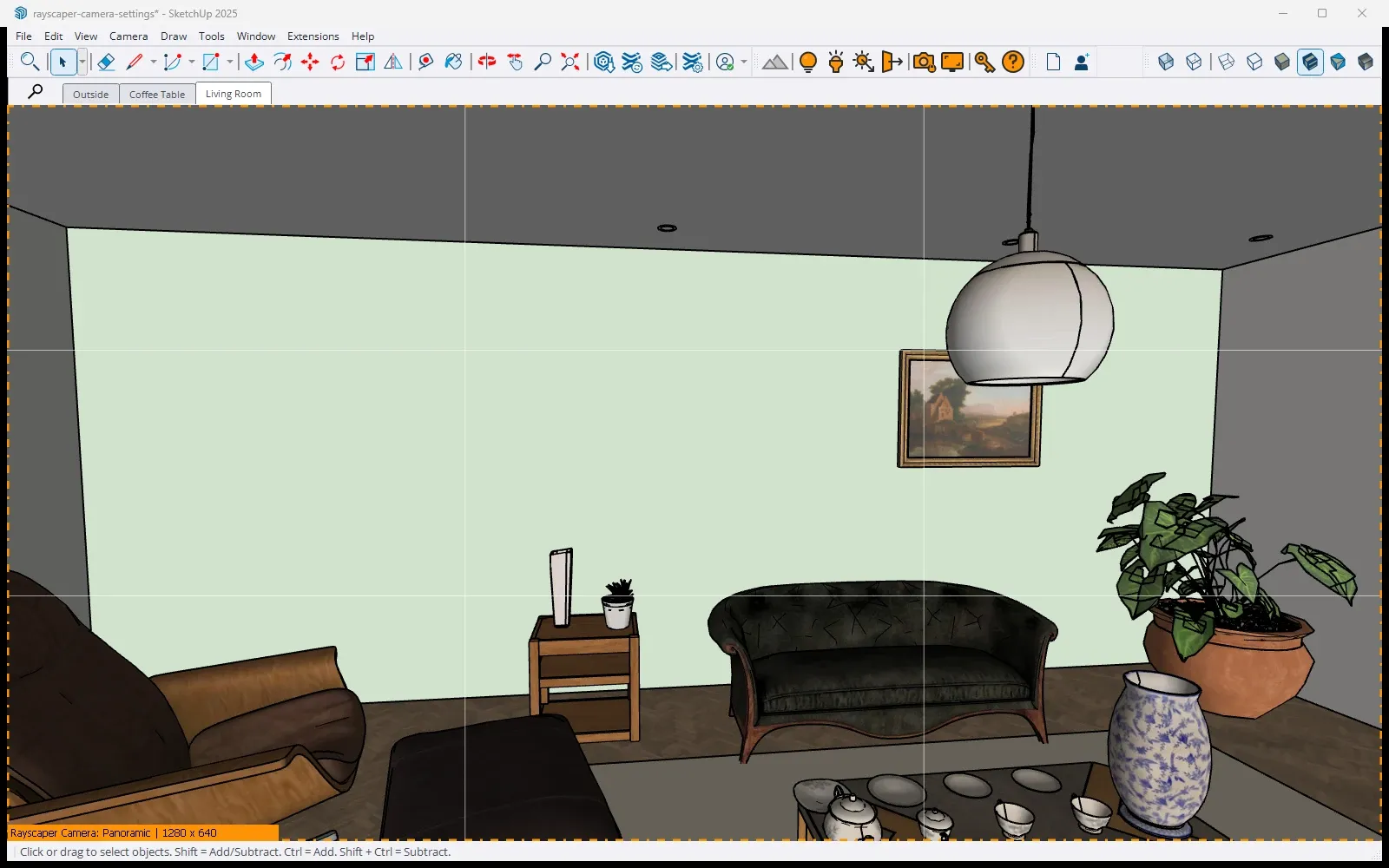 SketchUp looking at the sofa wall of the living room from eye height, with the orange Rayscaper frame and the label Rayscaper Camera: Panoramic | 1280 x 640