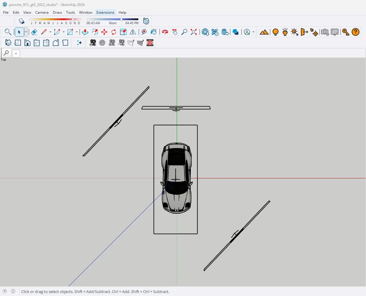Top view of the studio set in SketchUp: the car in the outline of the softbox, the rim light behind it and two diagonal strips beside it