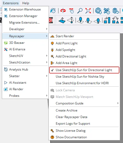 SketchUp Extensions menu showing Rayscaper submenu with Use SketchUp Sun for Directional Light option checked