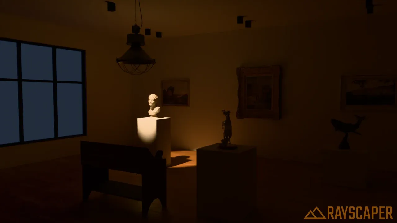 A spotlight lighting the bust and the top of its plinth