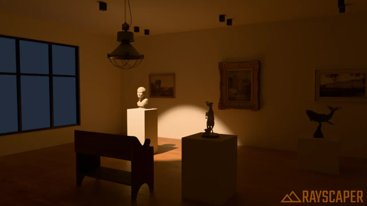A wide spotlight lighting the bust and a large patch of the wall behind it