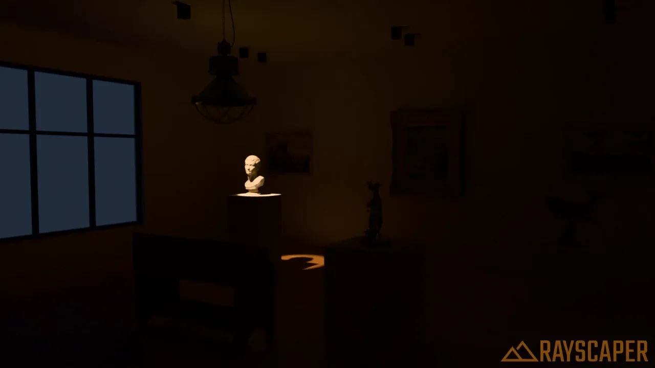 A narrow spotlight lighting only the head of the bust