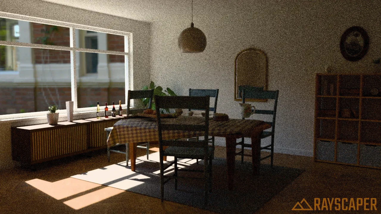The breakfast room after 256 samples, with fine grain in the shadows