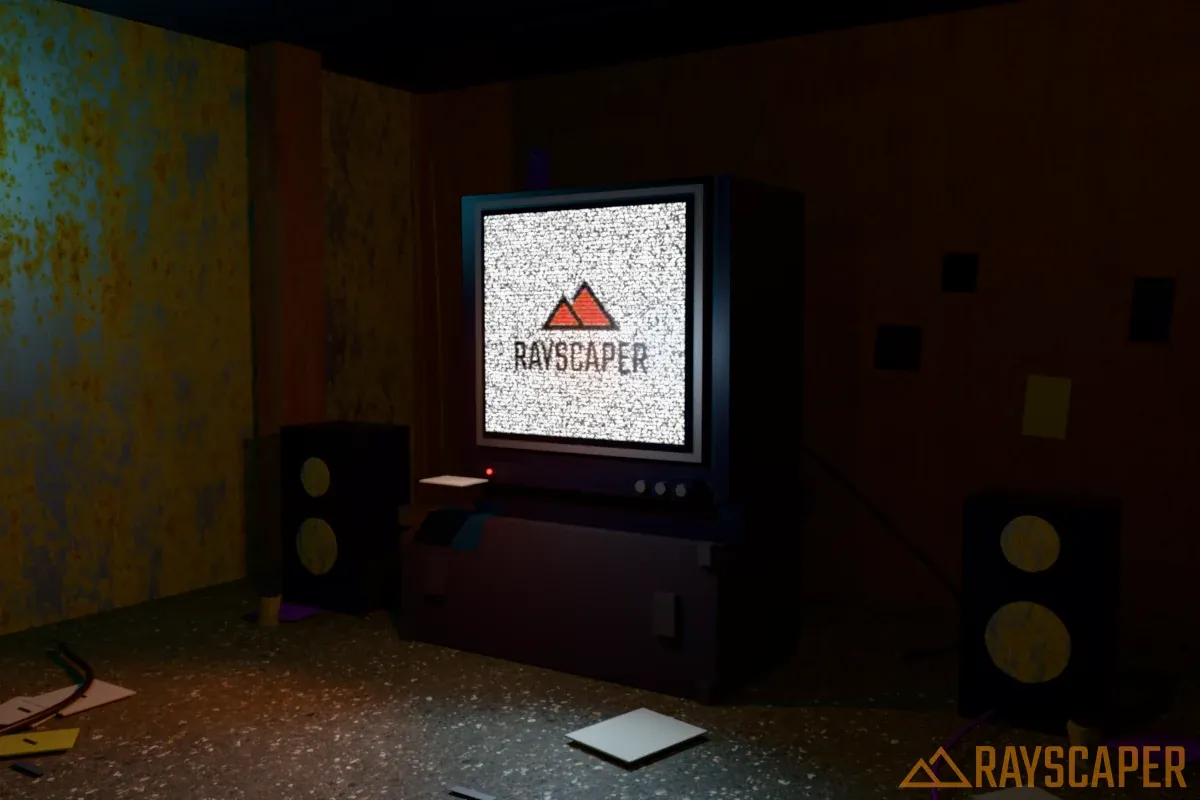 Rayscaper logo over TV snow on an old CRT in a dark room, with cool and warm light on the floor