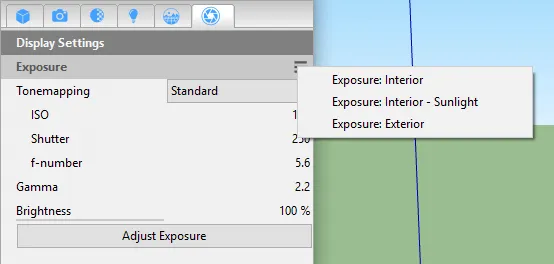 Thea's Display Settings with ISO, shutter and f-number and the exposure presets