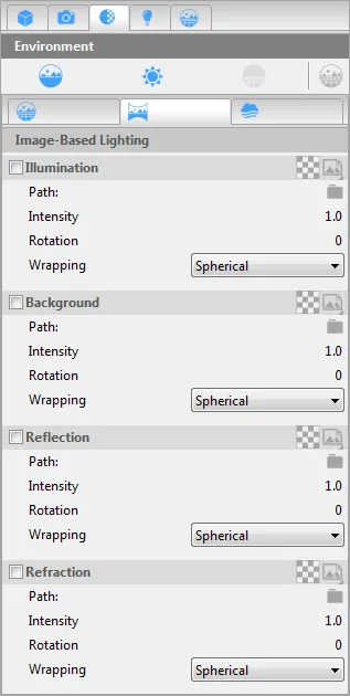 Thea's IBL tab with the Illumination, Background, Reflection and Refraction slots