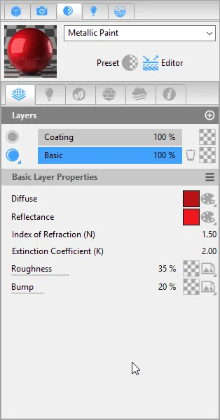 Thea's layered material editor with a Coating and a Basic layer
